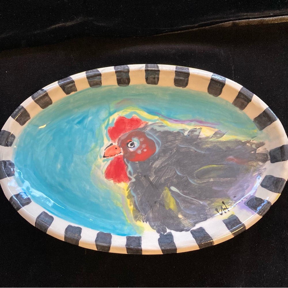 Handmade Ceramic Serving Tray “ Chicken Design “12”x8” Original